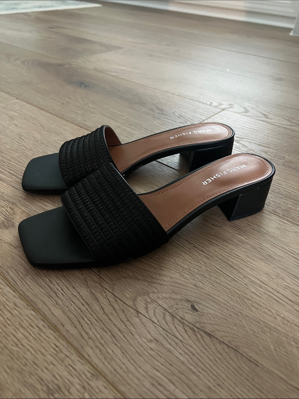 Marc Fisher Black Textured Band Low Block Heel Sandals